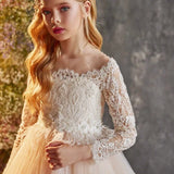 Vestido de tul champán con apliques blancos abullonados y manga larga para bodas, fiestas de cumpleaños y banquetes, personalizado para niñas de las flores. 
