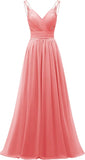 Chiffon-Spitze Brautjungfernkleider lang für Damen V-Ausschnitt Plissee Tüll Träger A-Linie Abschlussball Abend Hochzeit formelle Kleider 