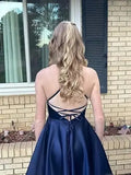 Spaghetti Straps Satin Homecoming Dresses for Women Short Halter Formal Prom Dresses with Pockets Graduation Mini Dress