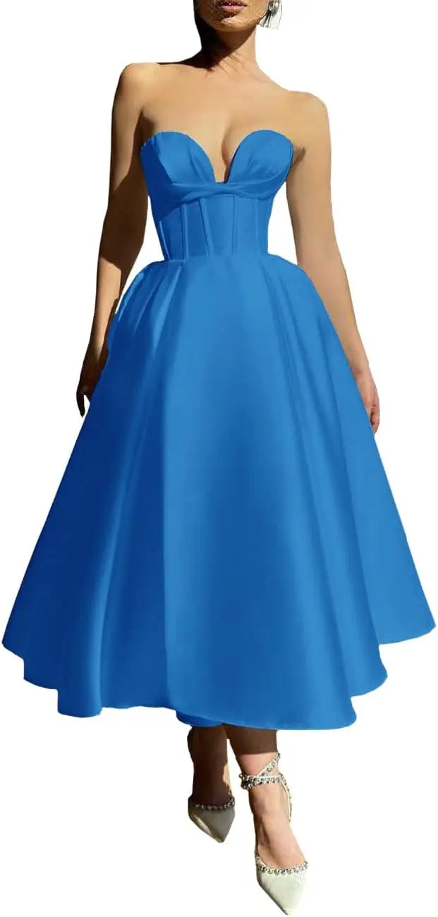 Strapless Prom Dresses 2025 Sweetheart Satin Tea Length Puffy Party Dresses for Women simple wedding dress short wedding dress