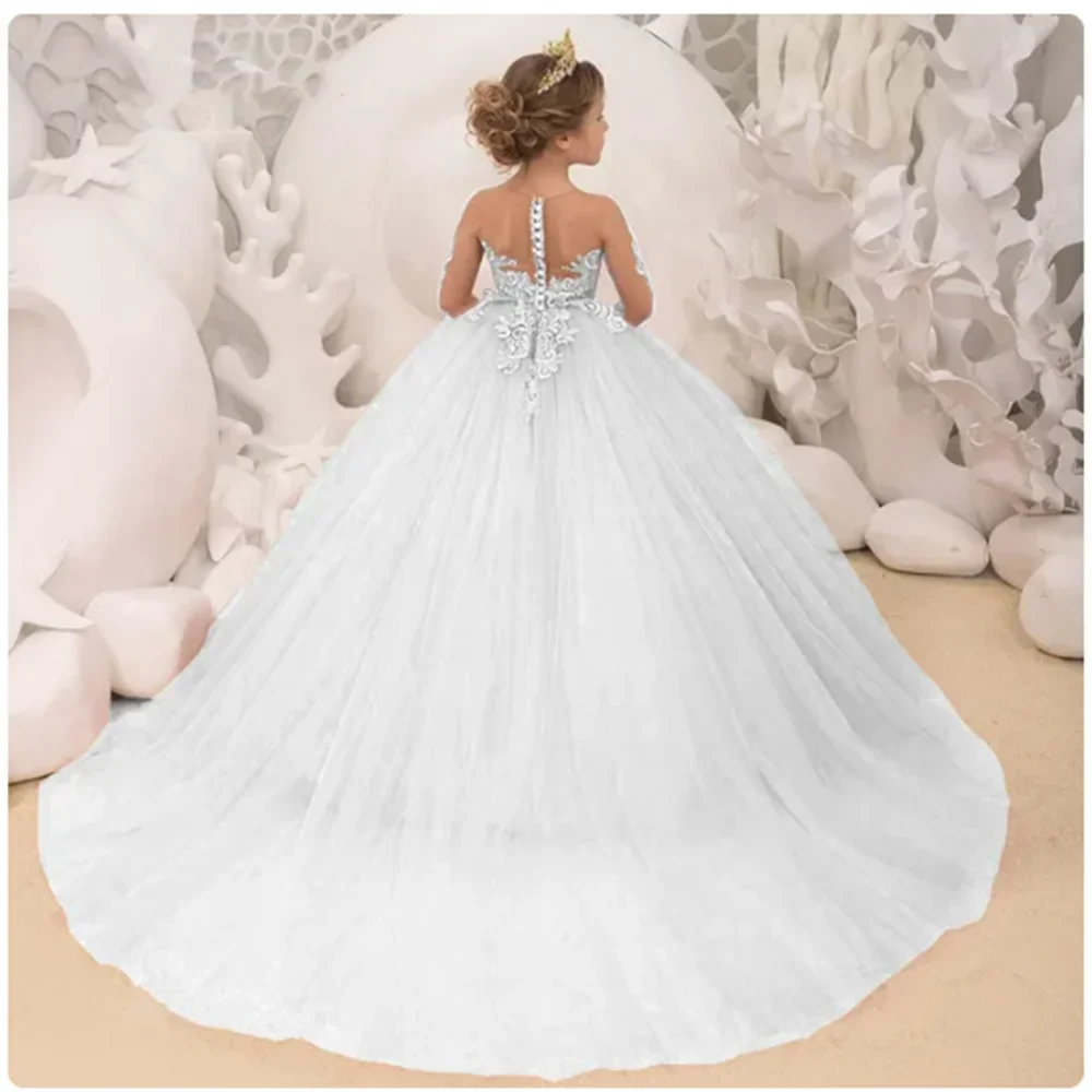 Vestido de princesa con mangas largas y apliques para bodas, de 2 a 14 años, personalizado, sencillo, para niñas de las flores. 