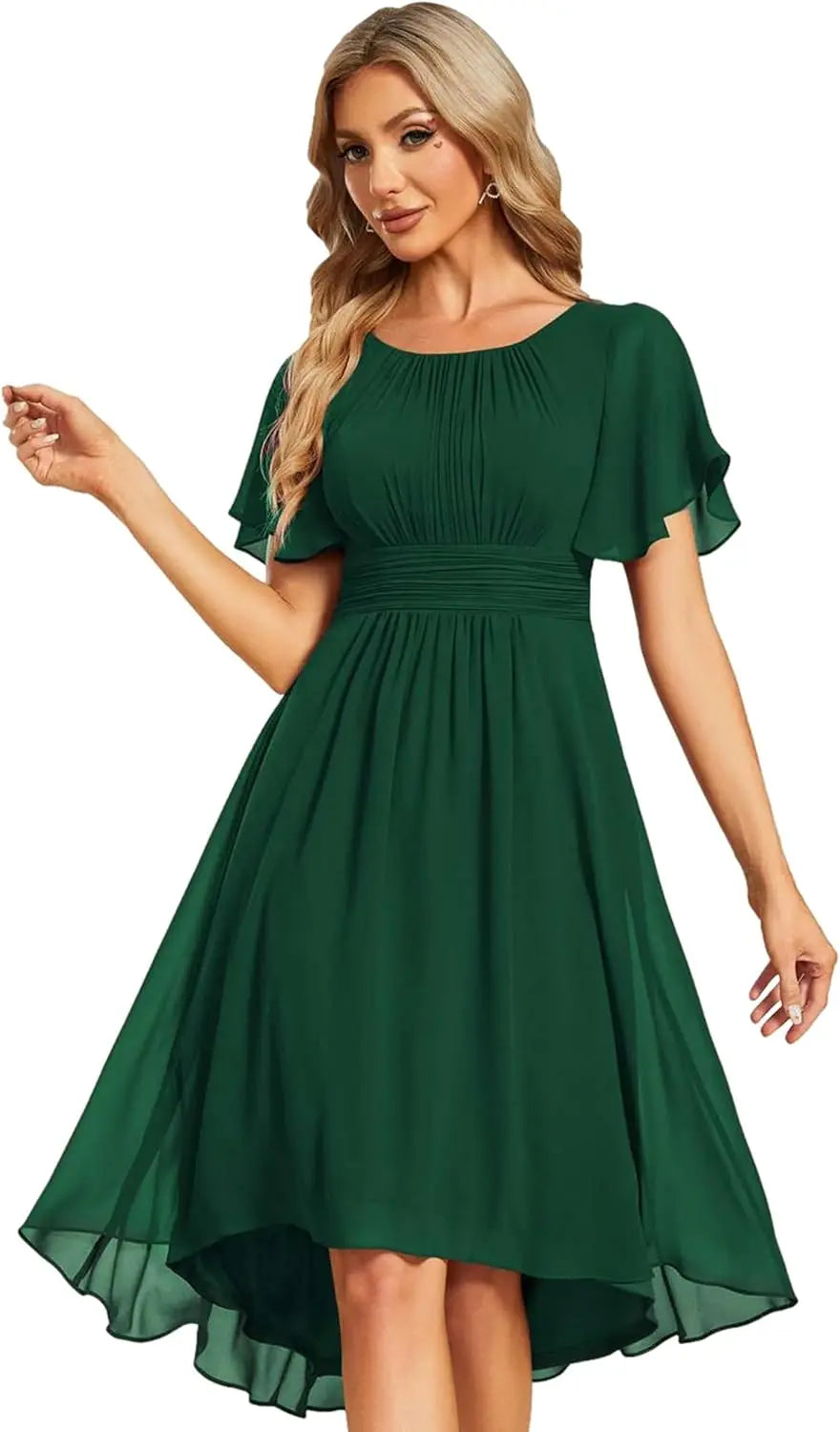 Vestido de gasa con cuello redondo y cintura plisada para mujer, manga corta, para invitada de boda, dama de honor, fiesta, graduación 