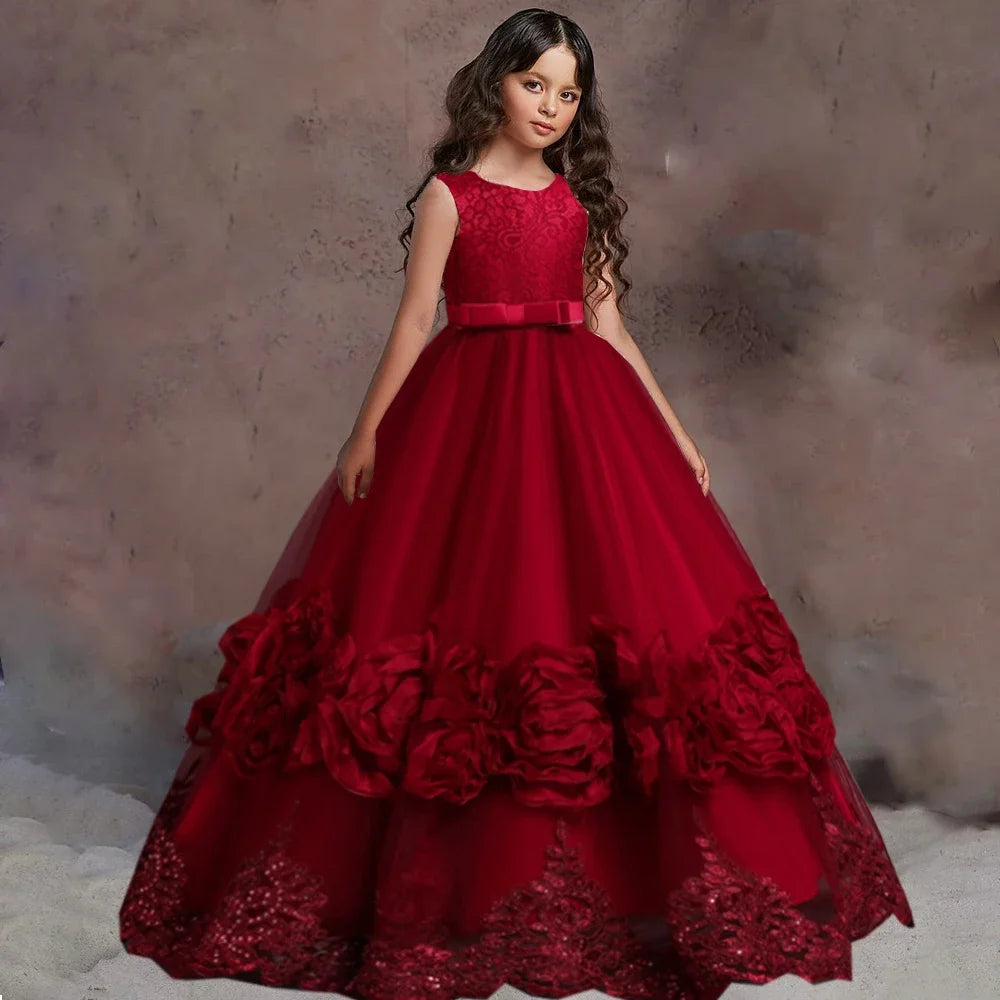Vestido de princesa para niña de las flores, con apliques de tul blanco y lazo, sin mangas, para bodas, fiestas de cumpleaños, banquetes, vestidos de princesa. 