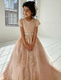 Blumenmädchenkleid für Mädchen zur Hochzeit, Applikationen, Tüll, Festzugskleider, kurze Ärmel, Ballkleid mit Schleife, Prinzessinnenkleid 