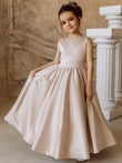 Vestidos de satén rosa empolvado con apliques blancos sin mangas para bodas, fiestas de cumpleaños, primera comunión y niñas de las flores. 