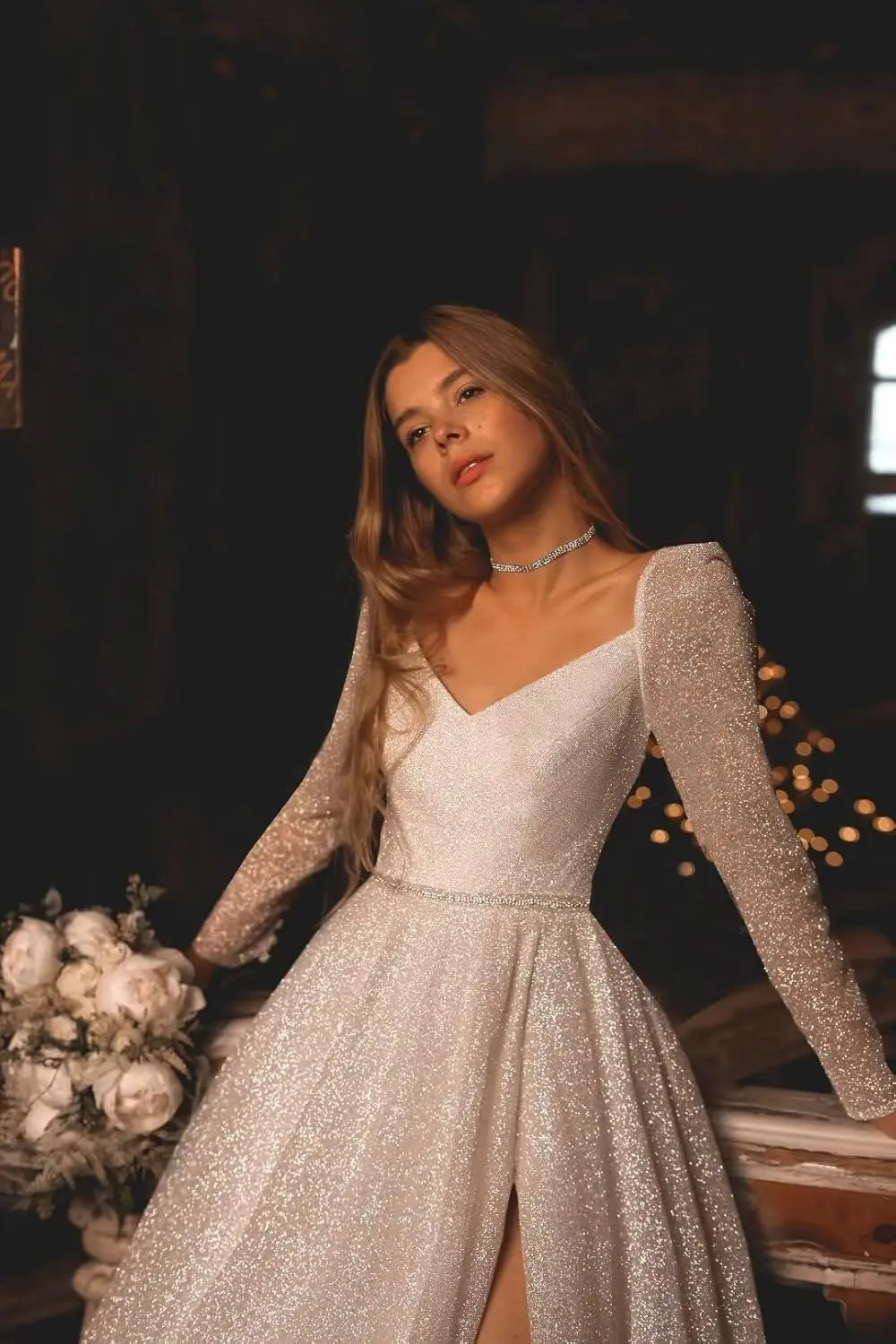 Glitter Prom Dresses Simple Long Sleeve Wedding Dresses for Bride A Line Princess Ball Gown with Slit simple wedding dress