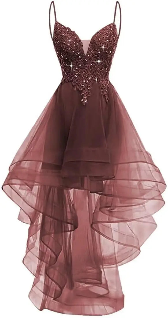 Lace Applique Homecoming Dresses 2025 High Low Spaghetti Straps Tulle Short Prom Dress for Teens Glitter Quinceanera Dress Gowns