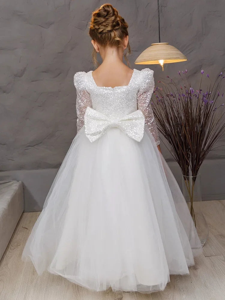 Vestido de niña de flores, vestido de tul blanco con lentejuelas y lazo, mangas largas para boda, cumpleaños, desfile, primera comunión. 