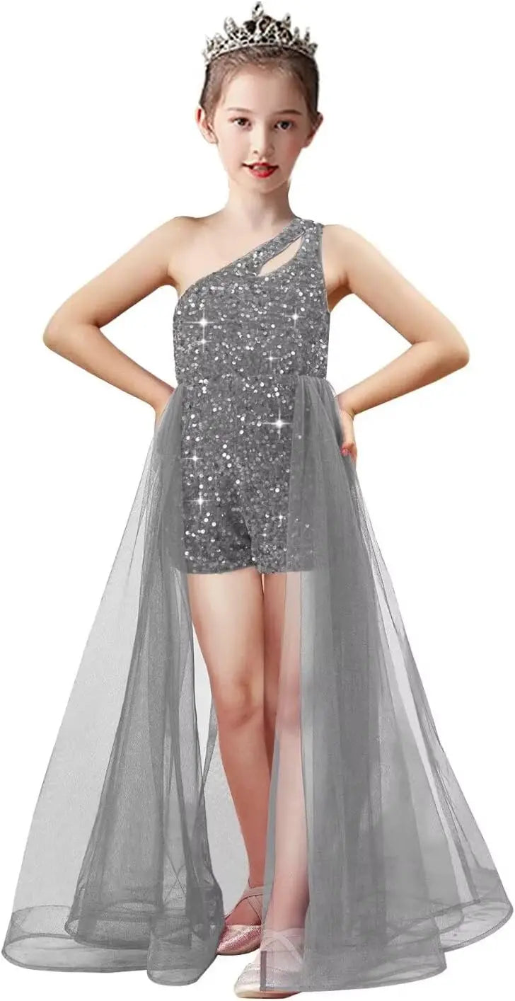 Einschultriges Festzugskleid, Jumpsuits, Blumenmädchenkleid, Pailletten-Mädchen-Ballkleider, Tüll-Strampler, Maxikleid mit Cape, Partykleider 