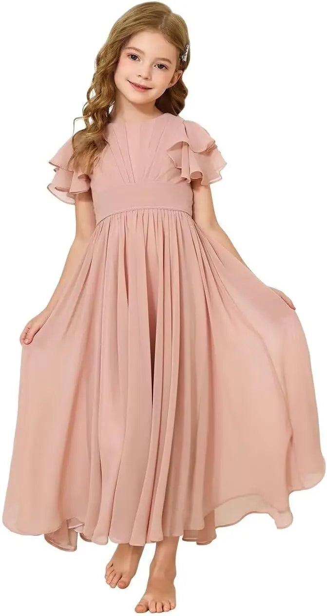 Flower Girl Maxi Dress for Wedding Bridesmaids Flowy Chiffon Teens Ruffle Sleeve Formal Party Pageant Gown princess dress