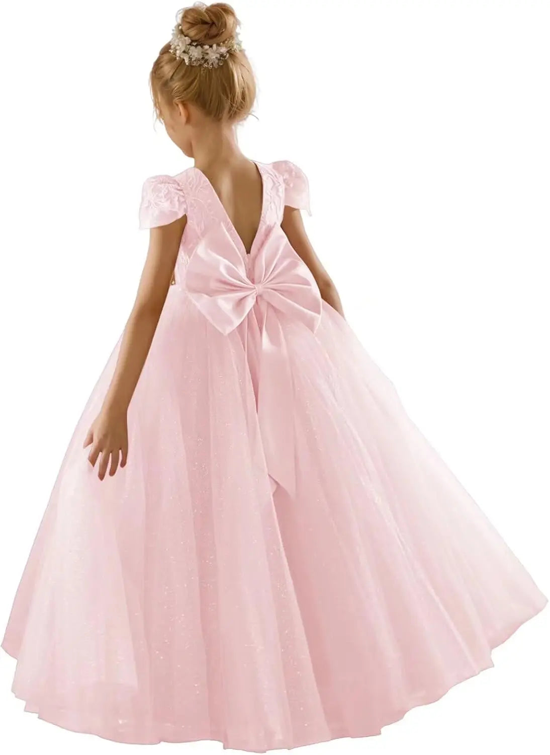 Flower Girls Lace Cap Sleeve Dress for Wedding Puffy Tulle Back V-Neck Pageant Prom Ball Gown with Bow princess dress