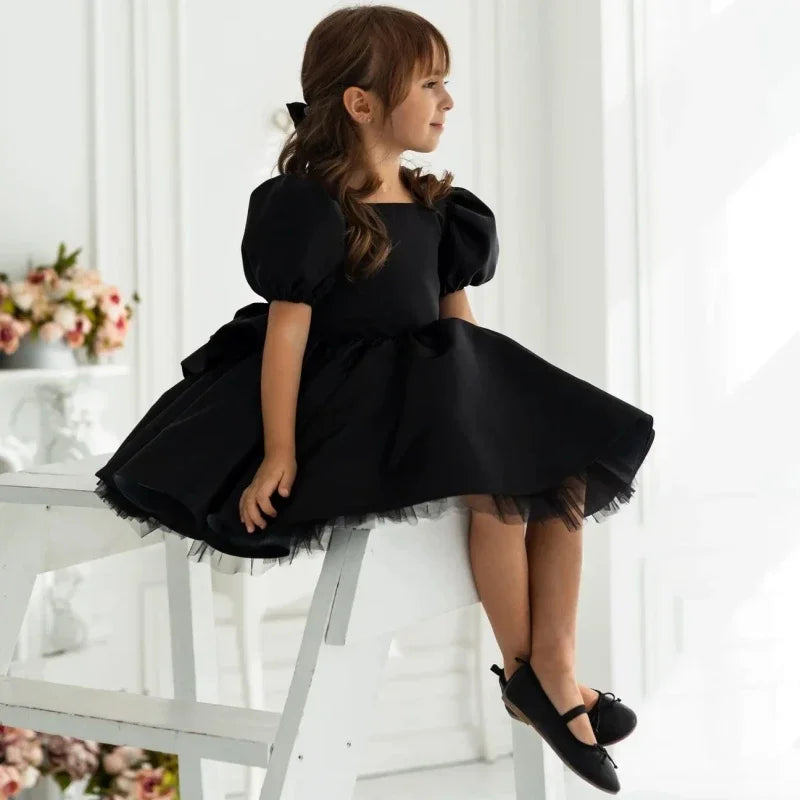 Vestidos de tul satinado negro con lazo, mangas cortas, para bodas, cumpleaños, graduaciones, comuniones, personalizados, para niñas de las flores. 