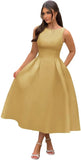 Vestidos de fiesta de satén con cuello barco y midi, largos hasta la rodilla, espalda escotada, corte en A, vestidos formales de noche para fiesta, vestido de cóctel y fiesta 