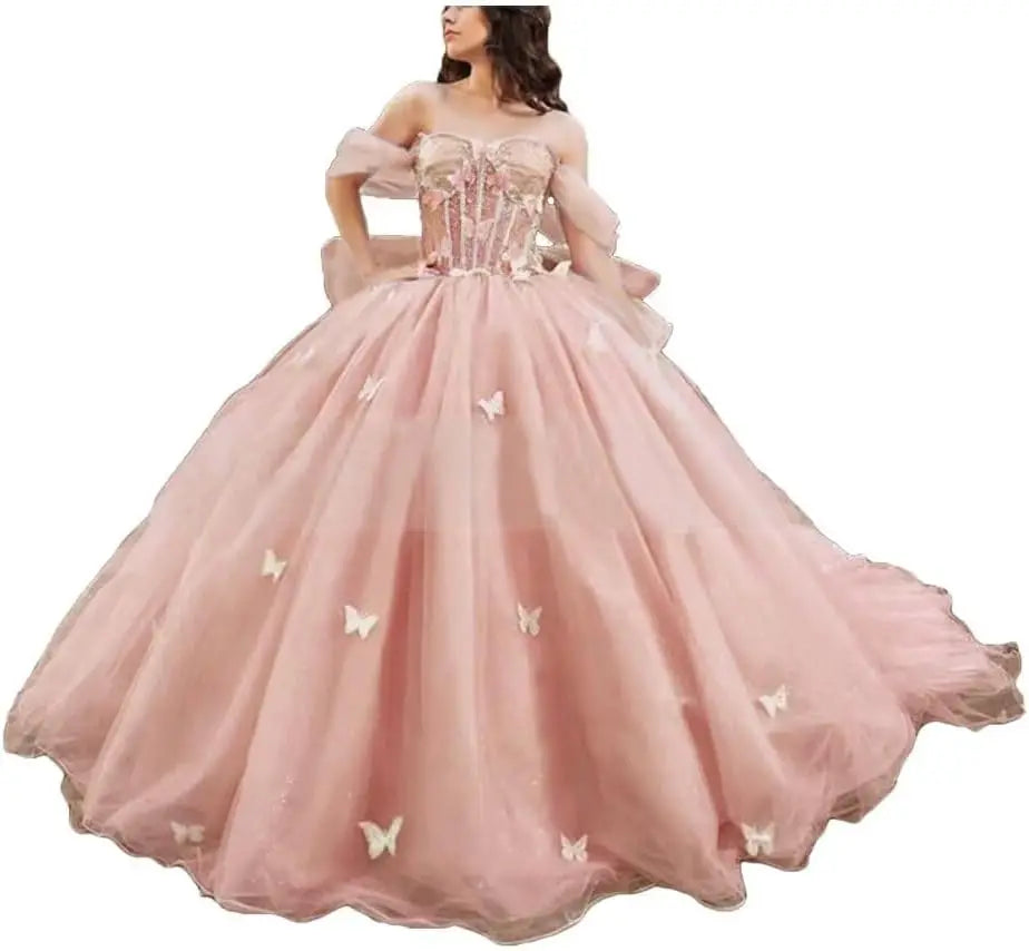 3D Butterfly Quinceanera Dress with Bow Train Spaghetti Strap Sweet 15 16 Ball Gowns Sparkly Vestido De 15 Años