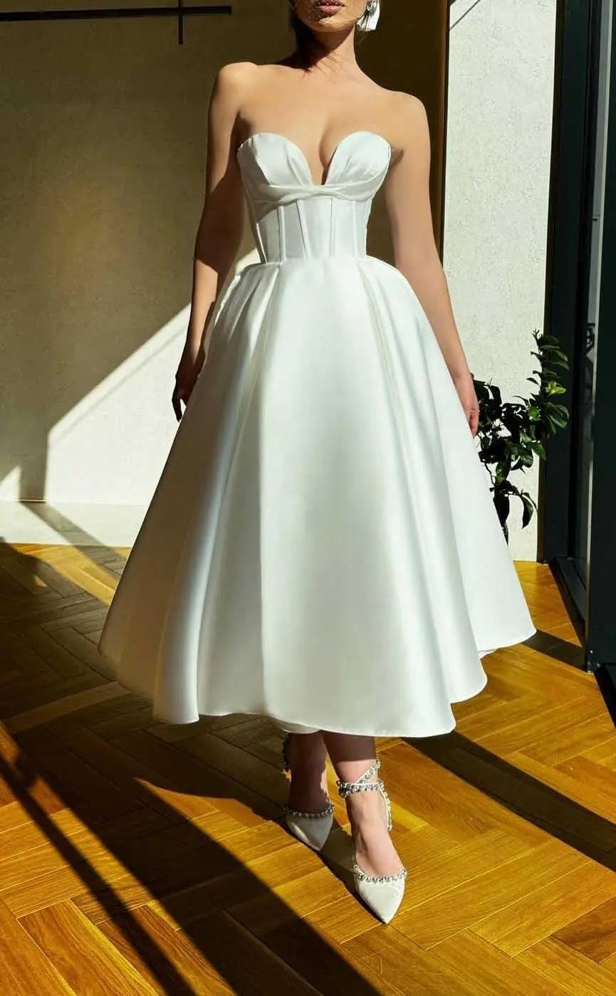 Strapless Prom Dresses 2025 Sweetheart Satin Tea Length Puffy Party Dresses for Women simple wedding dress short wedding dress