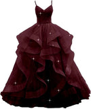Customized V Neck Glitter Tulle Long Prom Dresses Spaghetti Straps Ball Gown For Women Puffy Tiered Formal Evening Party Dresses