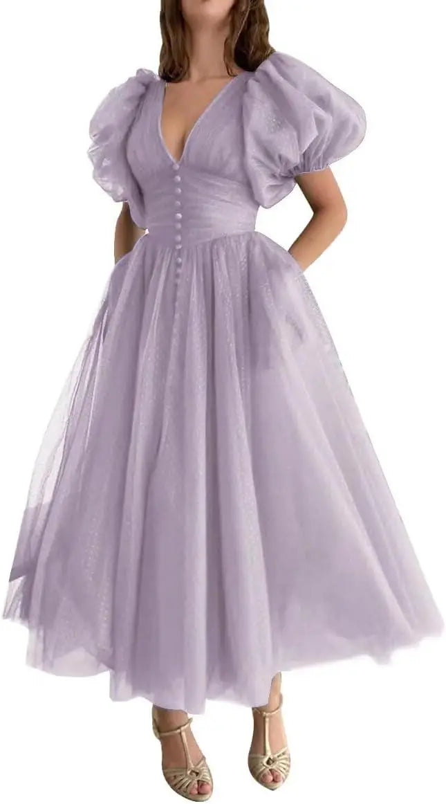 Puffy Sleeve Prom Dresses for Women Dotted Tulle V Neck Formal Evening Party Gowns Tea Length Bridesmaid Dresses