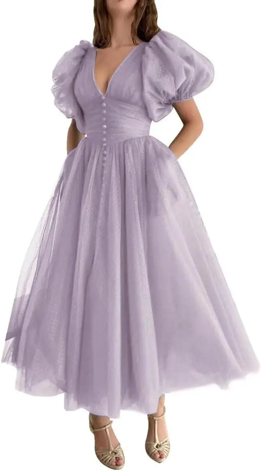 Puffy Sleeve Prom Dresses for Women Dotted Tulle V Neck Formal Evening Party Gowns Tea Length Bridesmaid Dresses