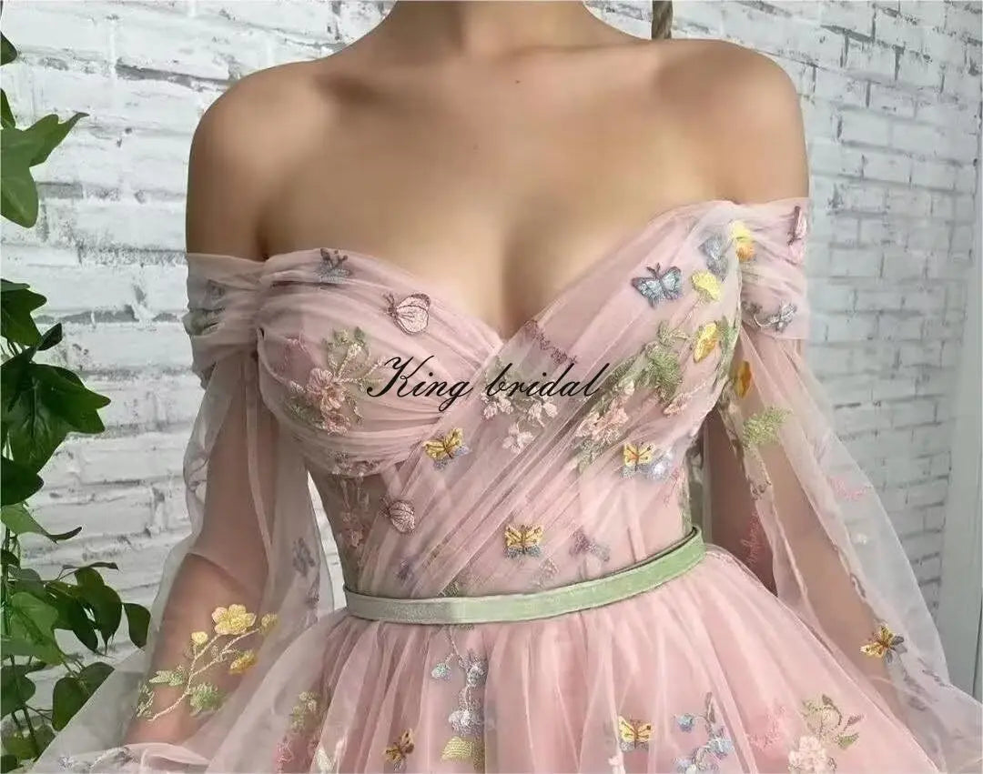 Bridesmaid Dress Long Sleeve Flower Embroidery Lace Tulle Prom Dresses for Women A Line Fairy Maxi Formal Evening Party Gowns
