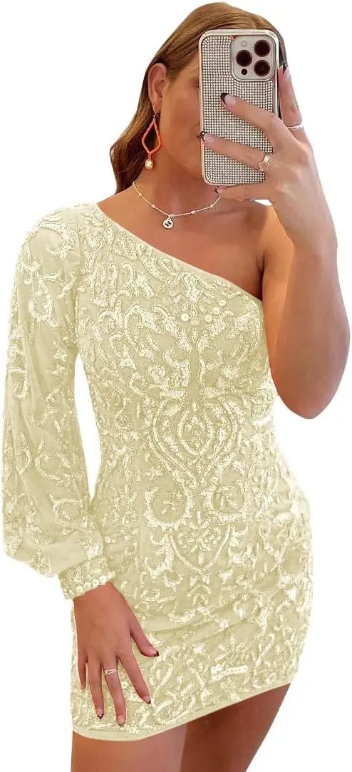 Vestidos de fiesta de encaje con lentejuelas brillantes para adolescentes, mangas abullonadas, un hombro, minivestido de cóctel para graduación, vestidos de noche 