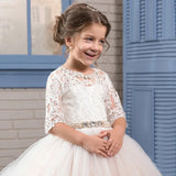 Apliques blancos de tul champán con cinturón de perlas de diamantes y media manga para bodas, cumpleaños, primera comunión, vestidos de niña de las flores 
