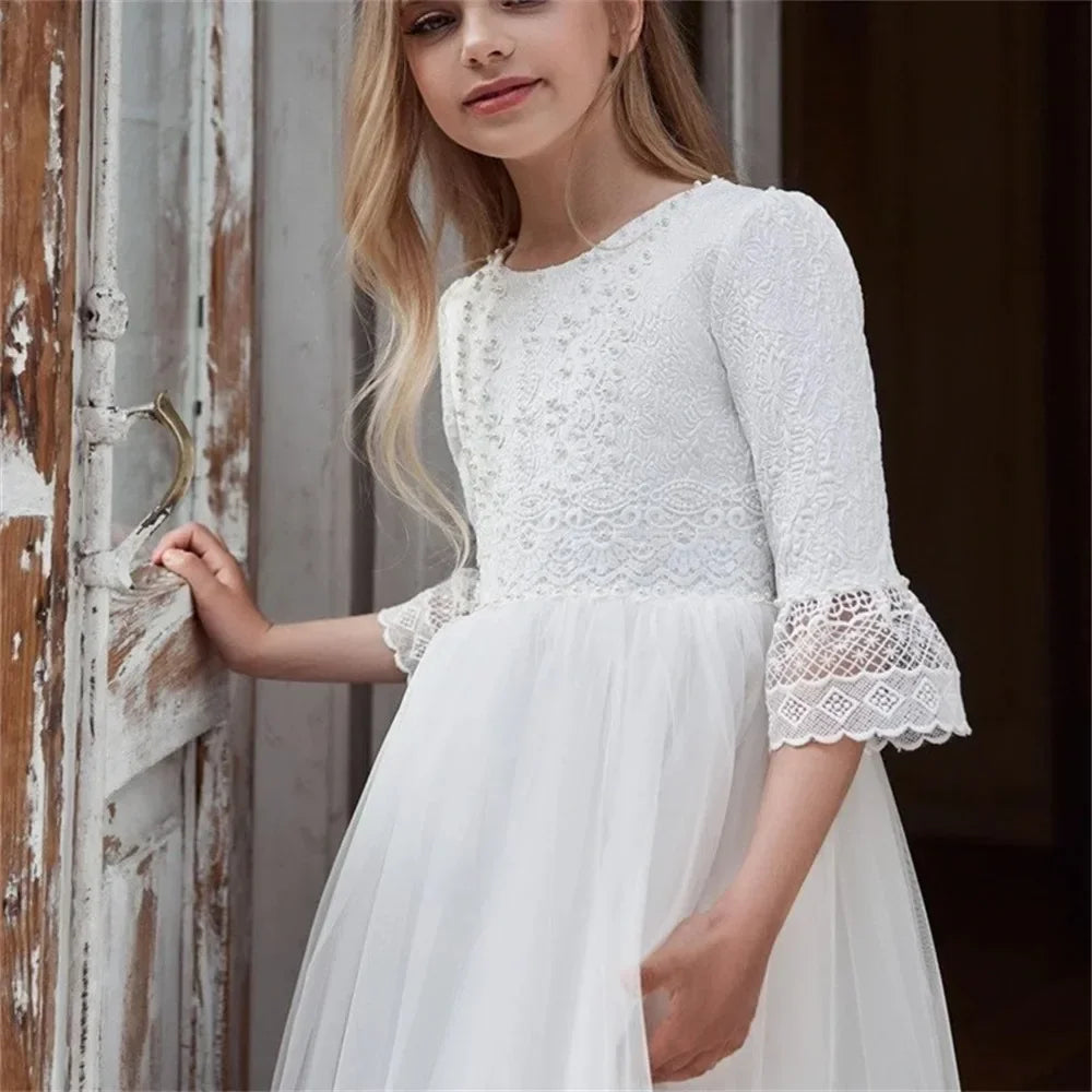 Vestidos de primera comunión para fiesta de cumpleaños, personalizados, blancos, para niña de las flores, para desfile, para boda, con volantes y cuentas. 
