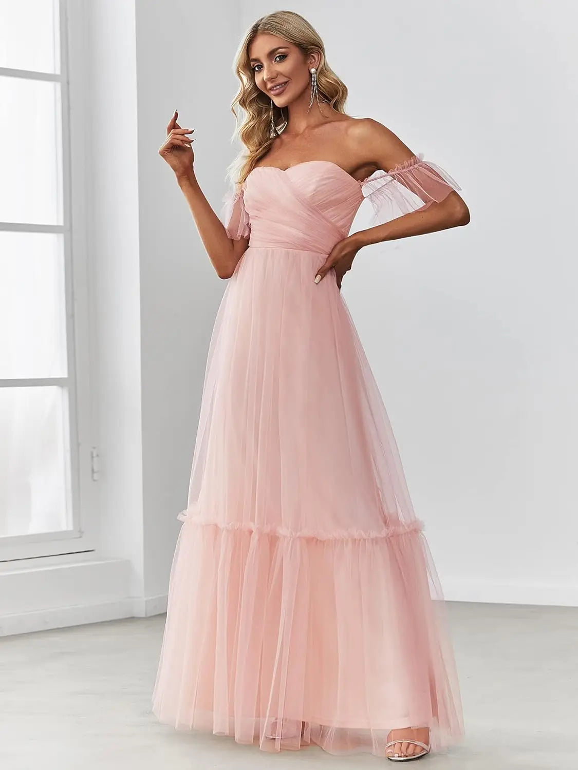 Women's Formal Dress Sweetheart Off-Shoulder Ruched Tulle Maxi Bridesmaid Dresses elegant dress women for wedding party