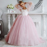 Vestidos de tul rosa con apliques blancos y lazo, de manga larga, para bodas, cumpleaños, primera comunión y niñas de las flores. 