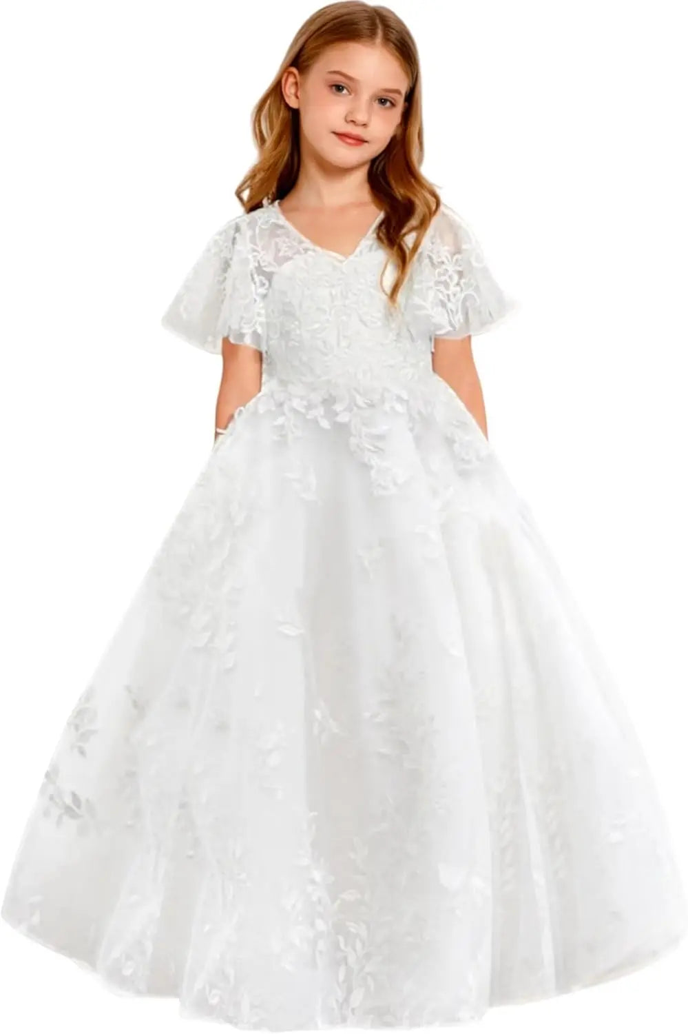 Vestido de primera comunión de encaje con mangas con volantes para niña de las flores, para boda, desfile, vestido de princesa 
