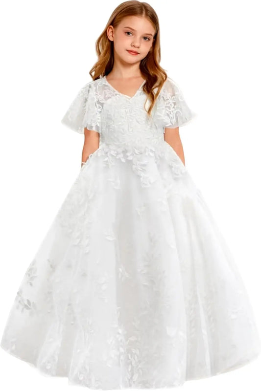 Vestido de primera comunión de encaje con mangas con volantes para niña de las flores, para boda, desfile, vestido de princesa 