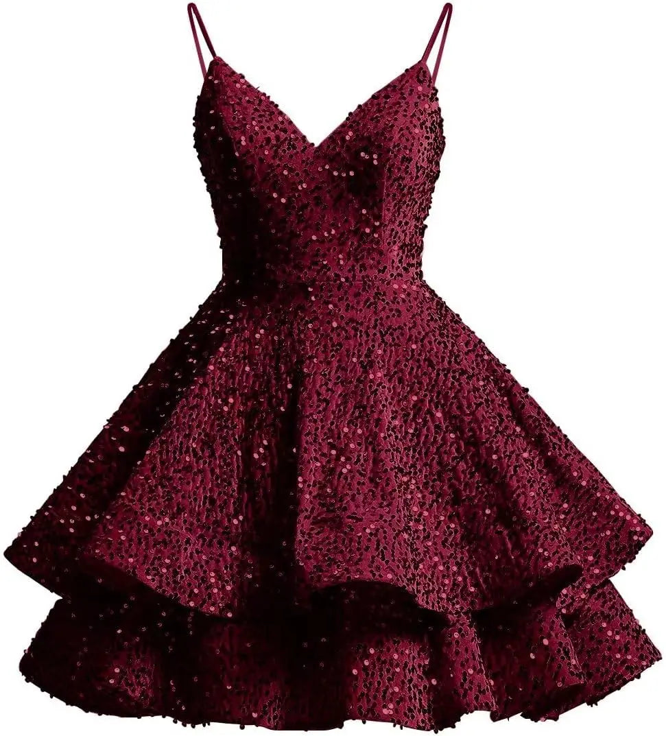Sparkly Sequin Homecoming Dresses for Teens 2025 Short V Neck A Line Tiered Mini Formal Prom Cocktail Gown Above Knee Club Dress