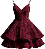 Sparkly Sequin Homecoming Dresses for Teens 2025 Short V Neck A Line Tiered Mini Formal Prom Cocktail Gown Above Knee Club Dress
