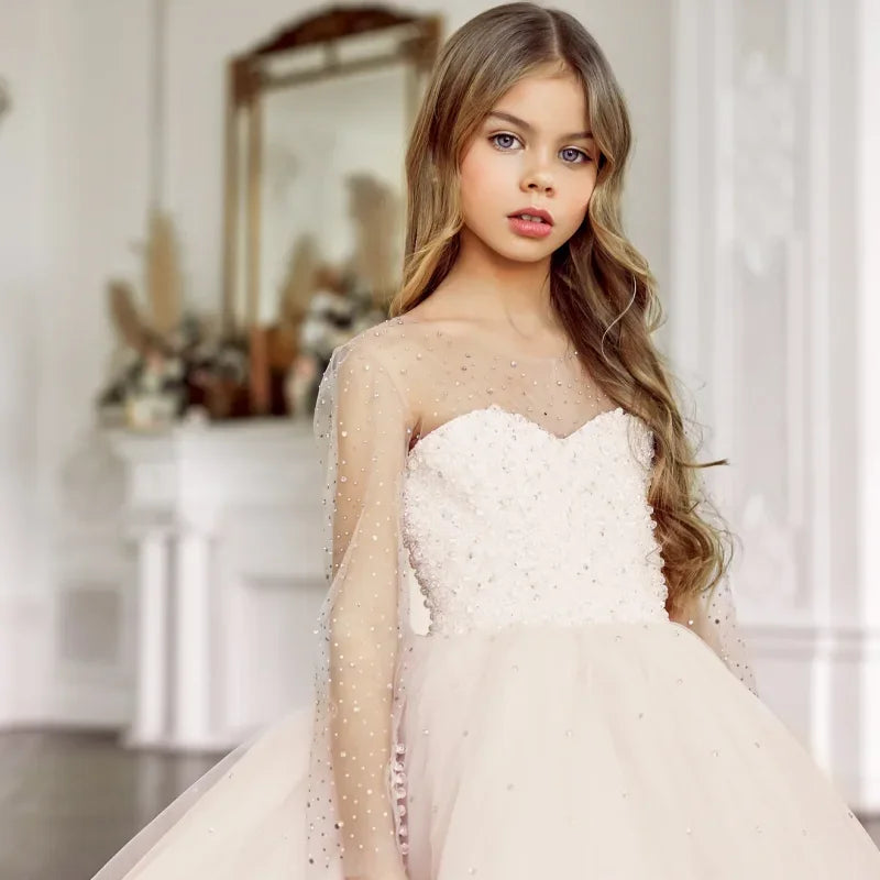 Light Pink Tulle Puffy Sequin With Trailing Long Sleeve For Wedding Birthday Party Banquet Princess Gowns Flower Girls Dresses