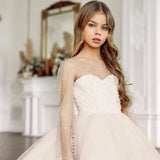 Light Pink Tulle Puffy Sequin With Trailing Long Sleeve For Wedding Birthday Party Banquet Princess Gowns Flower Girls Dresses