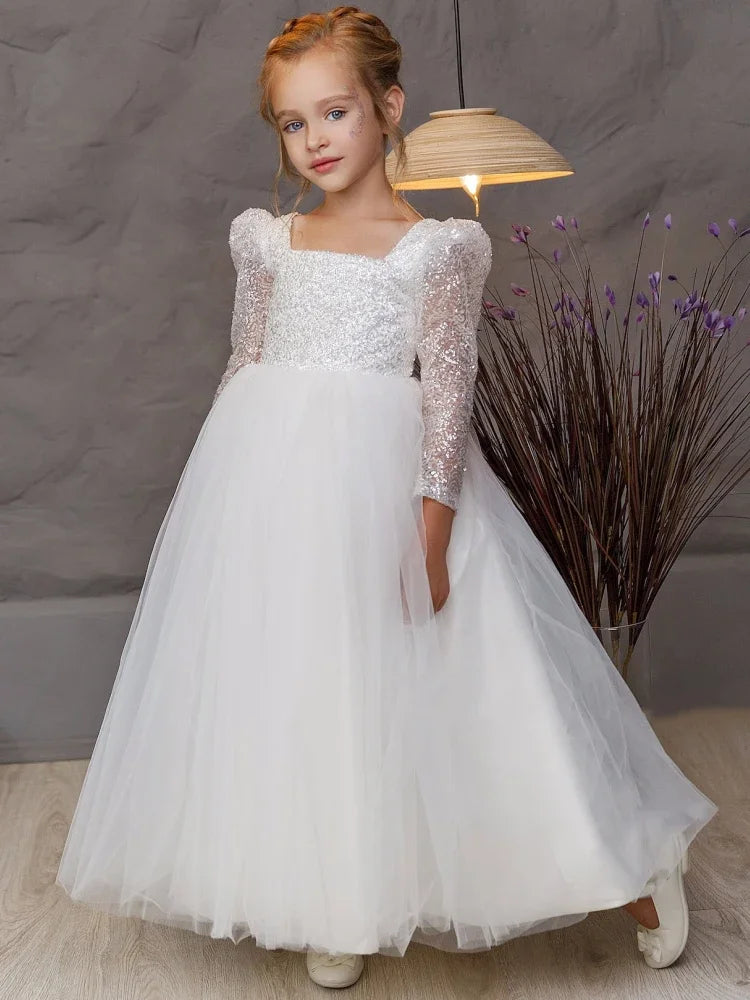 Vestido de niña de flores, vestido de tul blanco con lentejuelas y lazo, mangas largas para boda, cumpleaños, desfile, primera comunión. 