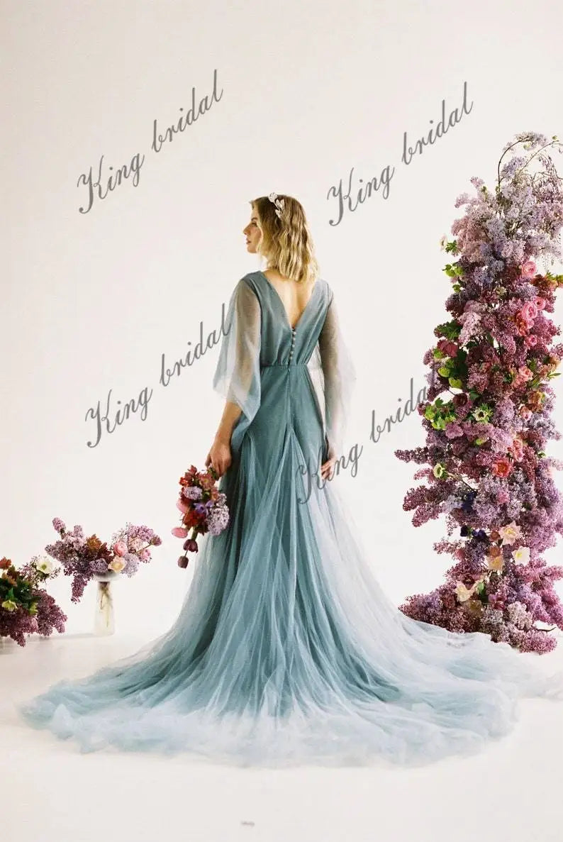 Angel sleeve bridal dress wedding gown Airy embroidered bridal dress V-neck applique ball gown prom dresses  party dress