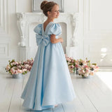 Himmelblau Satin mit Schleife Perlen Kurzarm für Hochzeit Geburtstag Party Prom Bankett Prinzessin Kleider Blumenmädchenkleider 