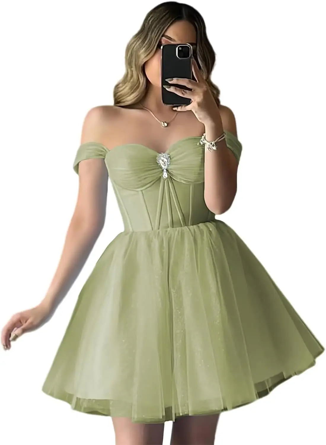 Vestidos de fiesta de tul brillante con hombros descubiertos, vestidos de fiesta cortos para adolescentes, vestido de cóctel de corte A con escote en forma de corazón y vuelo. 