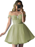 Vestidos de fiesta de tul brillante con hombros descubiertos, vestidos de fiesta cortos para adolescentes, vestido de cóctel de corte A con escote en forma de corazón y vuelo. 