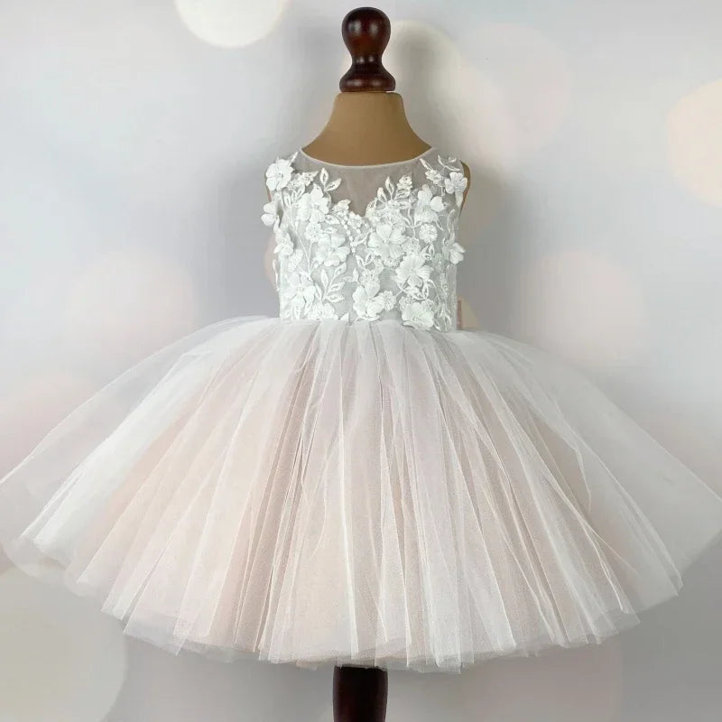 First Communion Dress Customized White Flower Girl Dresses for Wedding Sleeveless 3D Floral with Bow Floor Length Girl Birthday