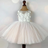 First Communion Dress Customized White Flower Girl Dresses for Wedding Sleeveless 3D Floral with Bow Floor Length Girl Birthday