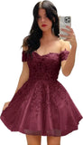 Hübsches kurzes Heimkehrkleid mit Spitzenapplikation für Teenager, glitzernder Tüll, schulterfrei, formelles Abschlussball-Cocktailkleid, Clubkleid 