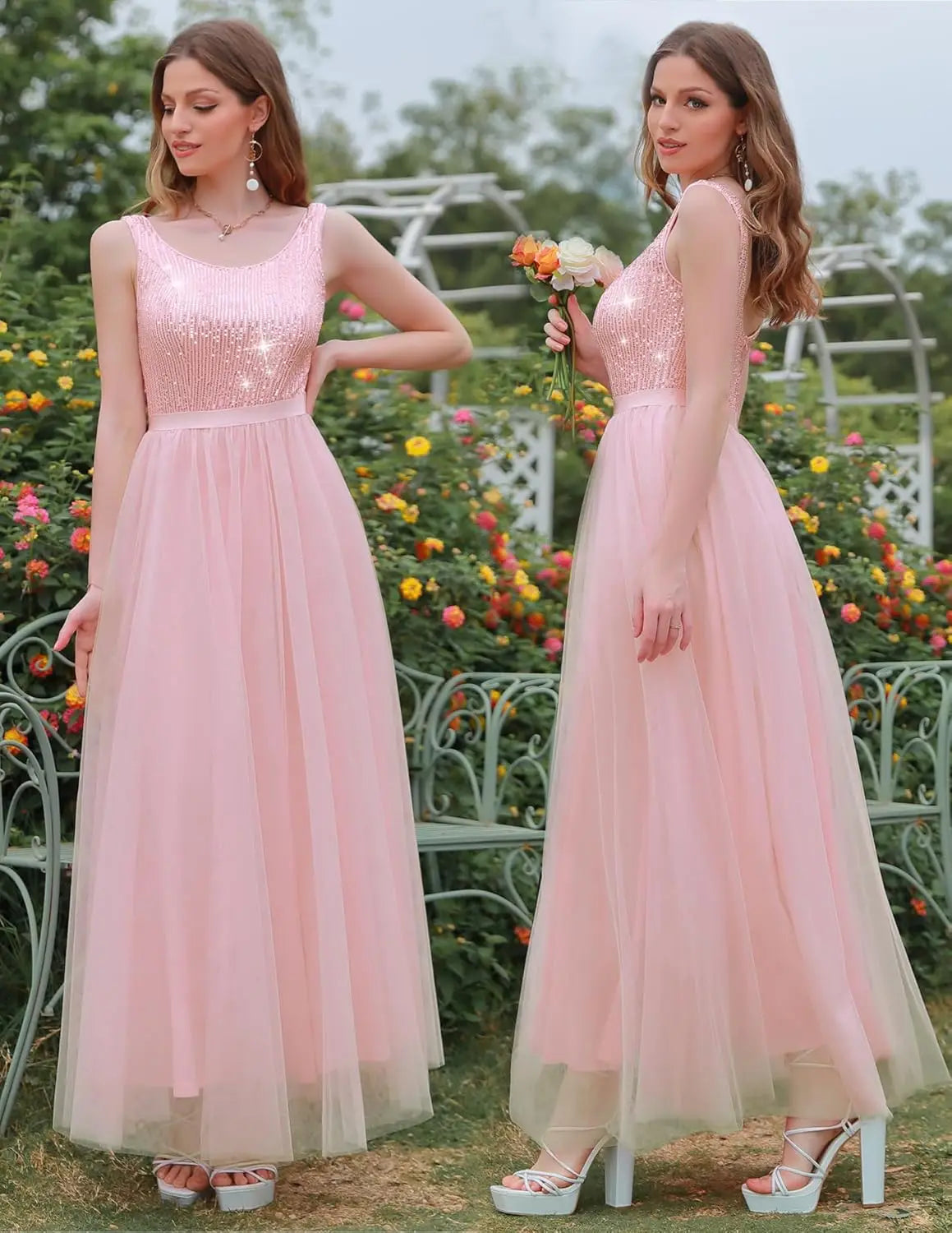 Sequin Dress for Woman Vintage A Line Wedding Formal Swing Mesh Prom Dress Sleeveless Cocktail Maxi Gowns