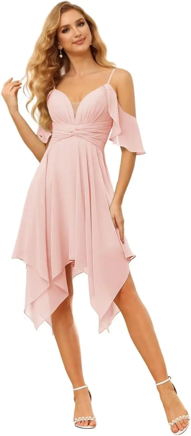 Women's Off Shoulder Chiffon Junior Bridesmaid Dresses Short Pockets Ruffle A Line Formal Dresses with Slit Wedding Party Gown