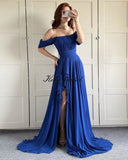 Elegantes schulterfreies Chiffon-Ballkleid für Brautjungfern mit Schlitz, lang, A-Linie, plissierte Rüschen, formelles Abendkleid für Damen 