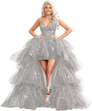 High Low Pailletten Tüll Ballkleider Mehrlagiges Romantisches Ballkleid für Damen Funkelndes Abendkleid Abendkleider 