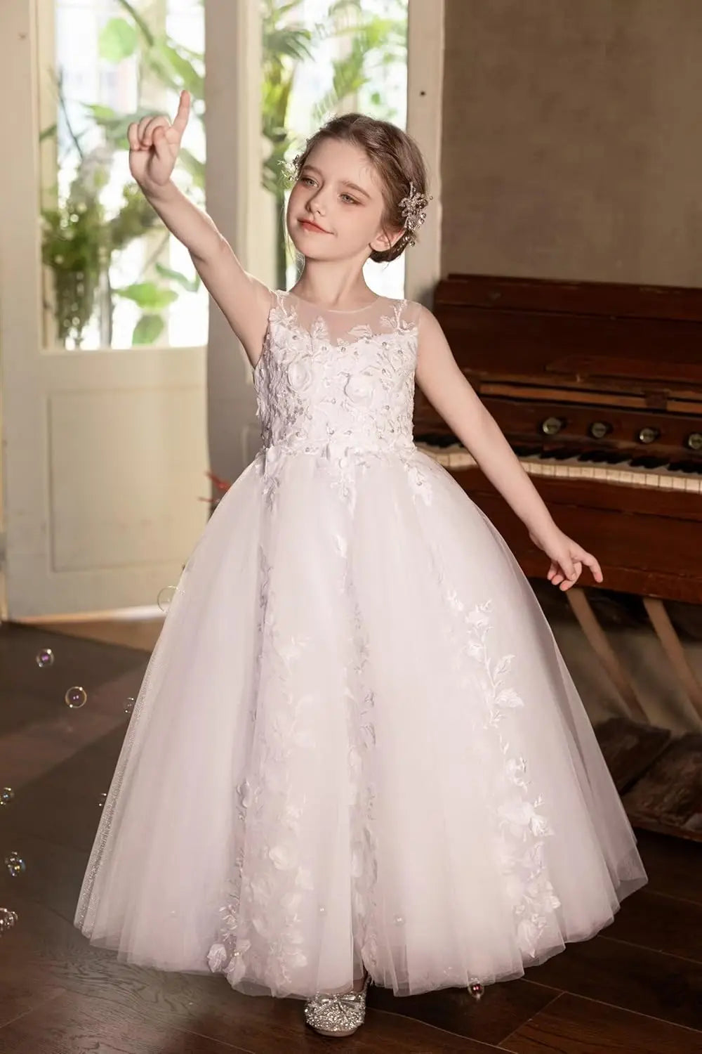 Vestidos de tul para niña de las flores para boda, vestido de primera comunión, vestido de dama de honor de encaje para niña, vestido de fiesta de desfile 