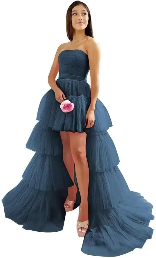 High Low Tüll Ballkleider Lange trägerlose gestufte Abendkleider A-Linie Abendkleid mit Schleppe Partykleider Damen Abend 