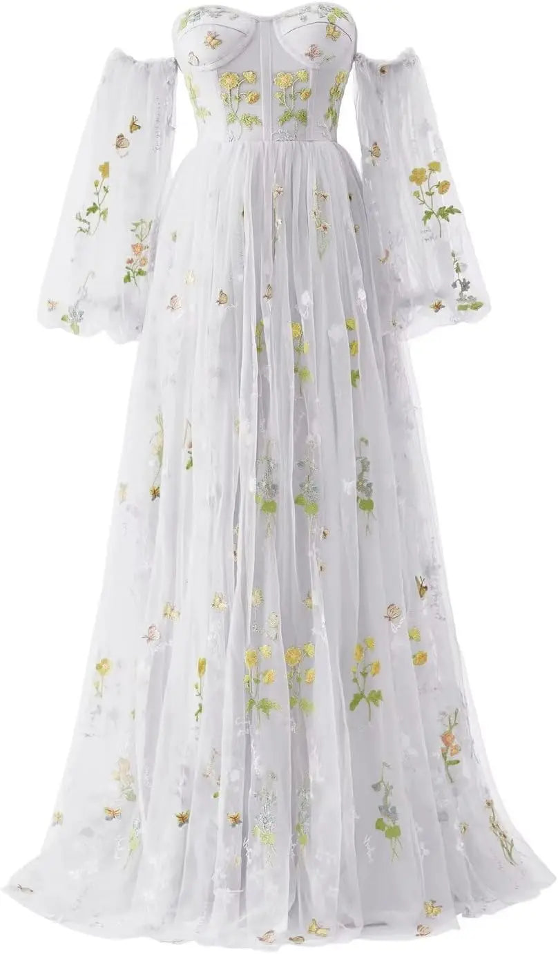 Puffy Sleeve Flower Embroidery Tulle Prom Dresses for Women Long A Line Fairy Maxi Formal Evening Party Gown Bridesmaid Dresses