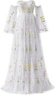 Puffy Sleeve Flower Embroidery Tulle Prom Dresses for Women Long A Line Fairy Maxi Formal Evening Party Gown Bridesmaid Dresses